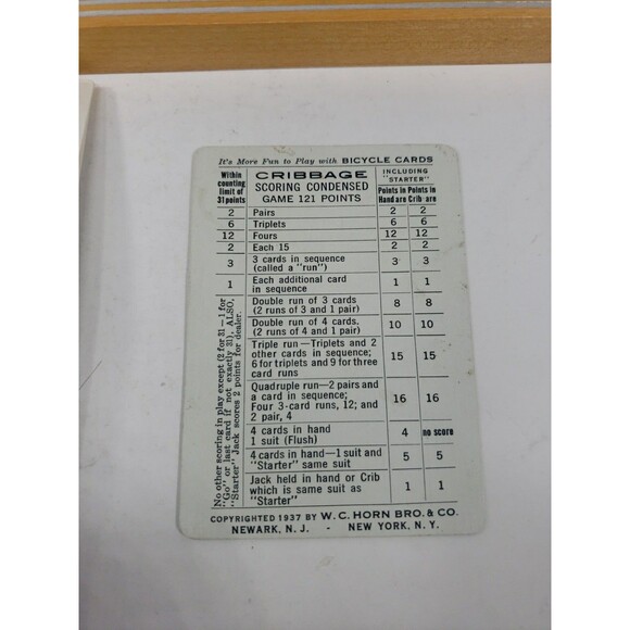 Cribbage Board W. C. Horn Vintage 1940s Wooden 6 Pegs Rule Book Scoring Card - Picture 3 of 16